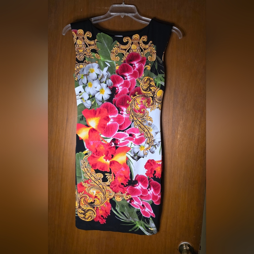Cache Baroque Floral Bodycon Sheath Dress Black/Multicolor Size M